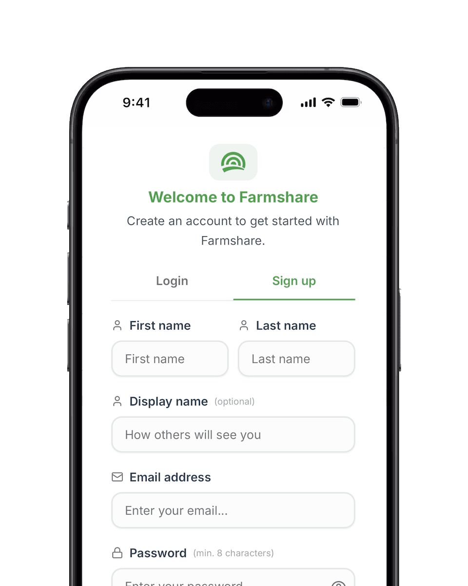 Farmshare login / sign up screen